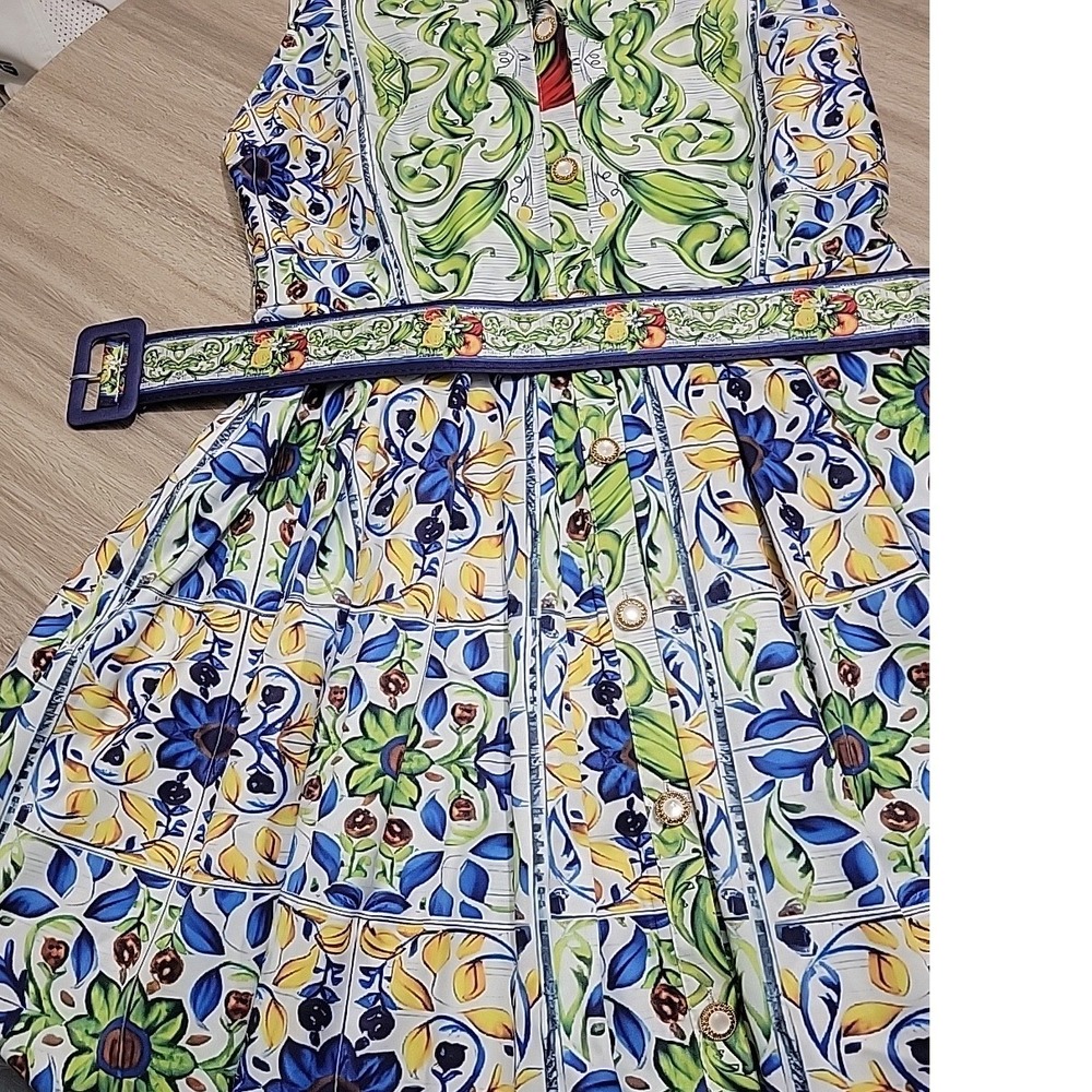 Pink Ripple Womens Blue Yellow Tile Floral Print Belted Sleeveless Midi Dress L - Picture 6 of 9